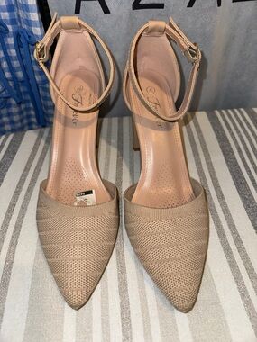 Sage Beige Pointed Toe Ankle Strap Heels